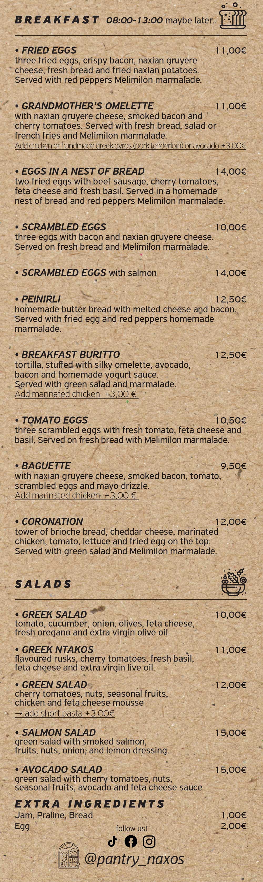 The menu of Pantry coffee and brunch spot in Naxos