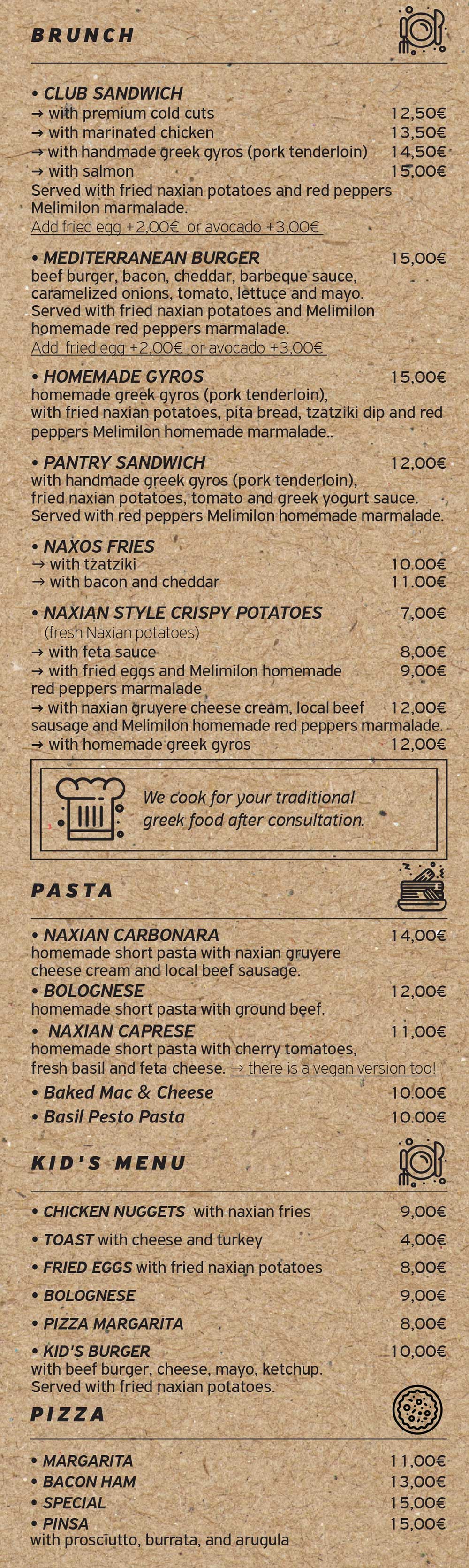 The menu of Pantry coffee and brunch spot in Naxos